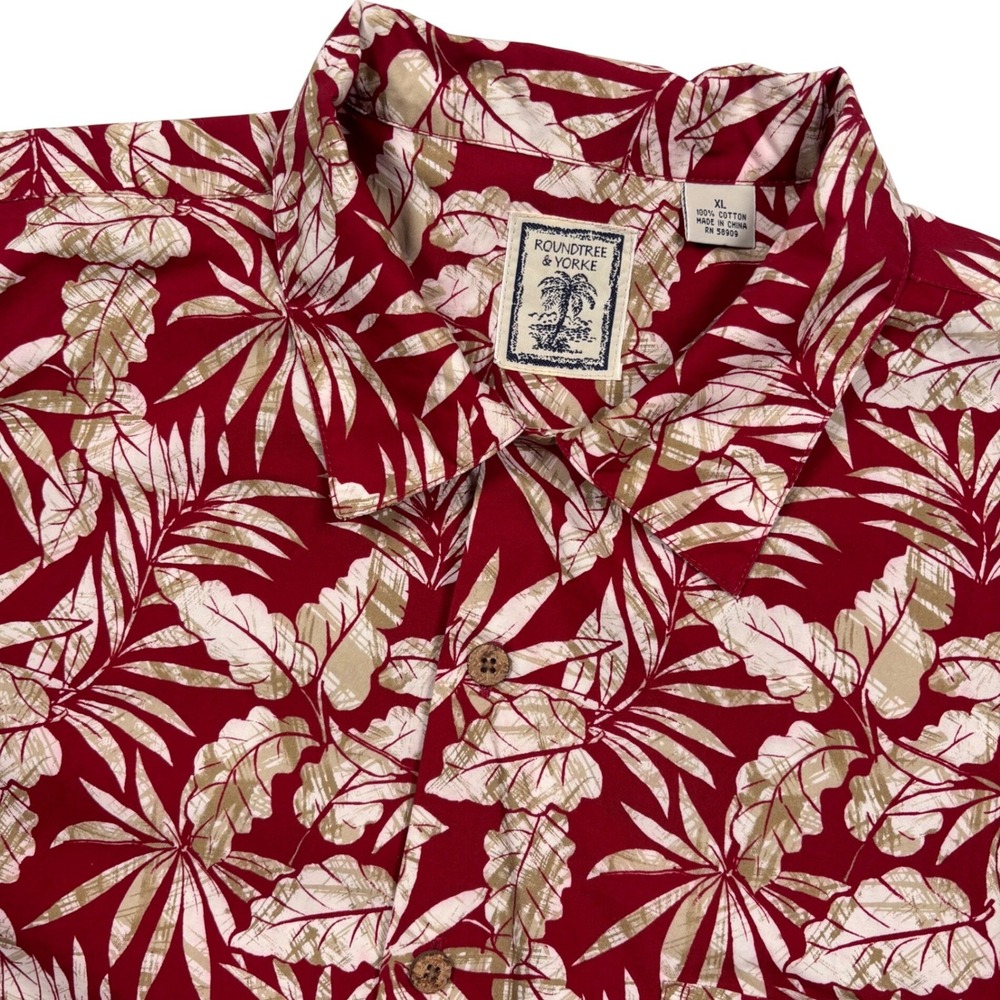 Roundtree Yorke Hawaiian‎ Shirt Mens XL Red Tan Tropical LOOP COLLAR Palms Camp